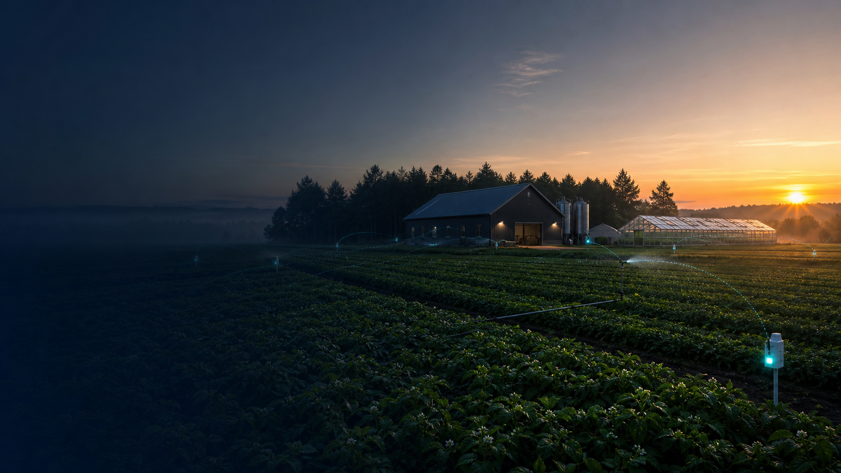 Moderner vernetzter Bauernhof mit Feldern, Stall, Gewächshaus, Bewässerung und Funksensoren bei Sonnenaufgang