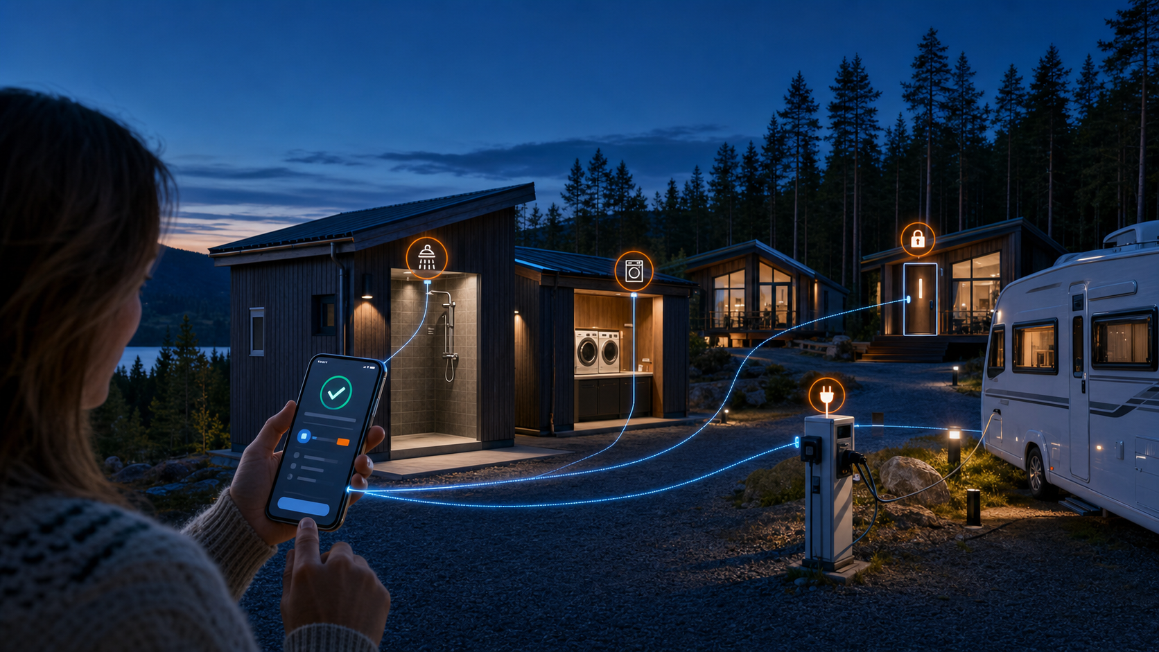 Vernetzter Campingplatz mit appgesteuerten Duschen, Wäscherei, Stellplatzstrom und Hüttenzugang
