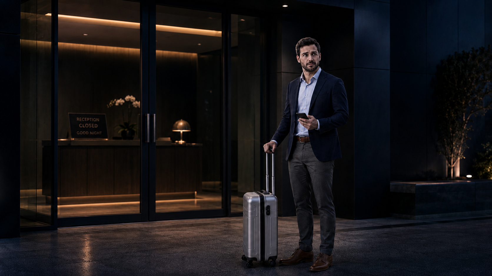 Nico kommt nach einem verspäteten Flug spät an. Die Rezeption ist geschlossen, doch er braucht einen einfachen Zugang—ohne Warten, Schlüsselkarte oder zusätzlichen Check-in-Aufwand.