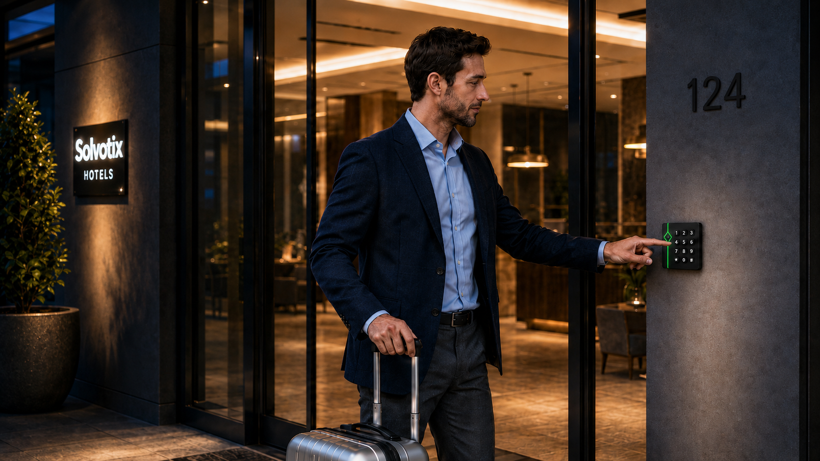 Eine App ist nicht erforderlich. Für Nico ist der Zutritt einfach, während das Hotel die Kontrolle behält. Am Haupteingang gibt Nico seinen Code am Tastenfeld ein. Die Tür öffnet sich und sein Check-in wird automatisch registriert.