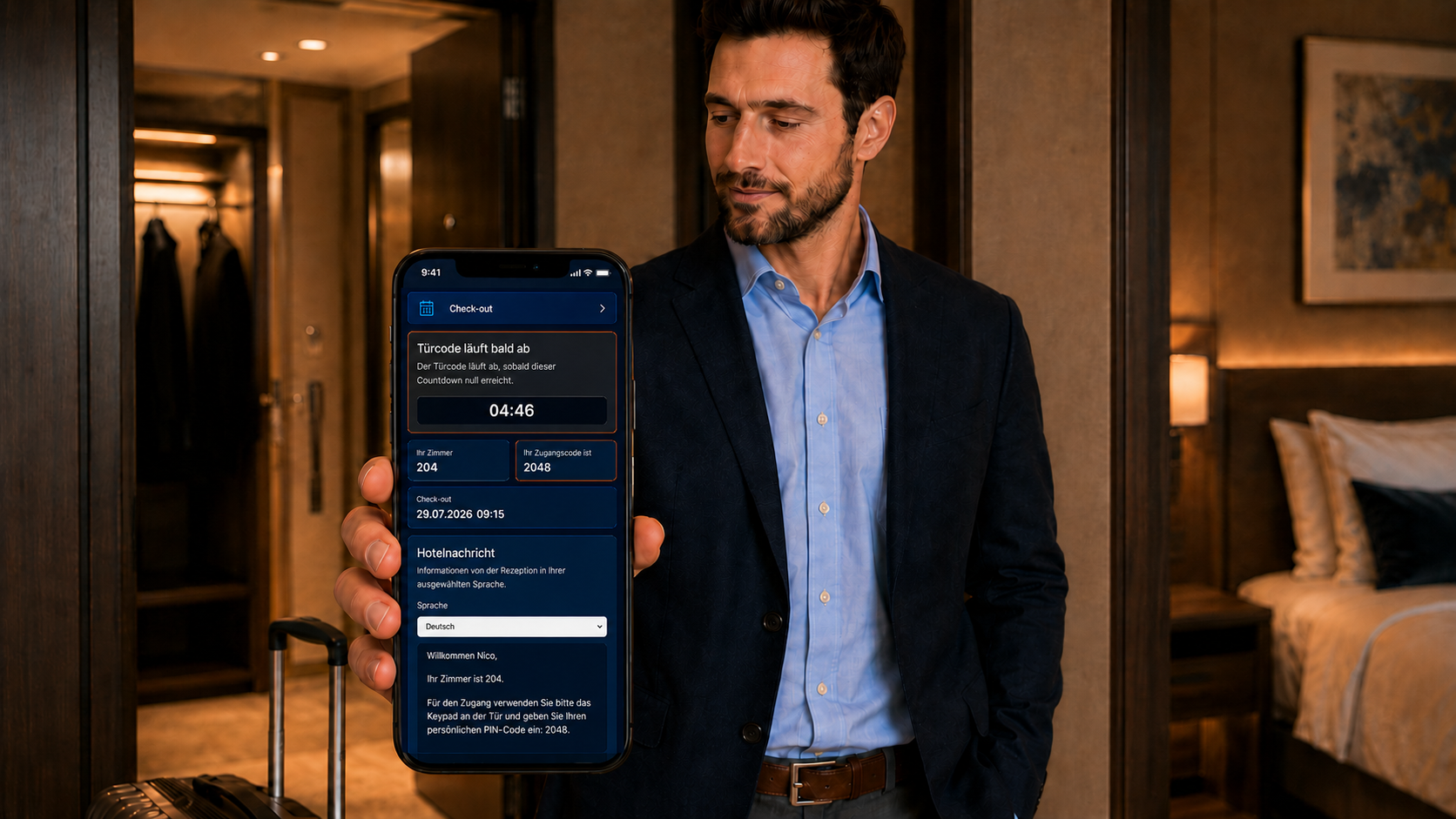Beim Check-out läuft der Code automatisch ab. Reist Nico früher ab, beendet er seinen Aufenthalt im Gästeportal mit einem Klick.