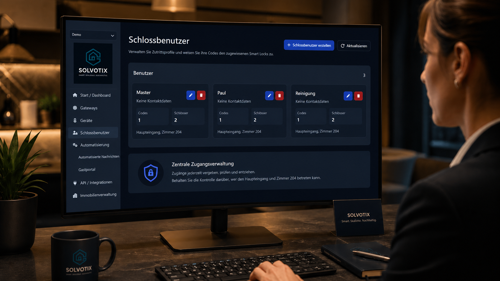 Zutrittsrechte können jederzeit erstellt, geändert oder deaktiviert werden—für Mastercode, manuellen Check-in oder verlängerten Aufenthalt.