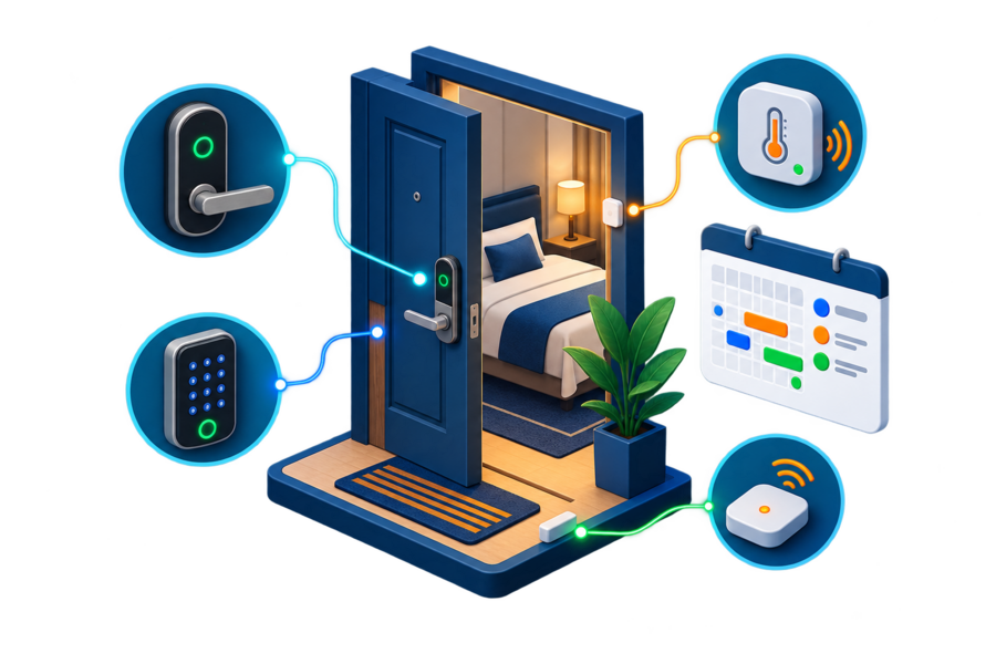 Smartes Zimmer mit Schloss, Tastenfeld, Temperatursensor und Buchungskalender